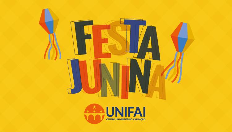 Cartaz de fundo amarelo com textura xadrez. À frente, muitas bandeirinhas de festa junina, dois balões, e ao centro o texto em cores vibrantes: “Festa Junina 2023”.