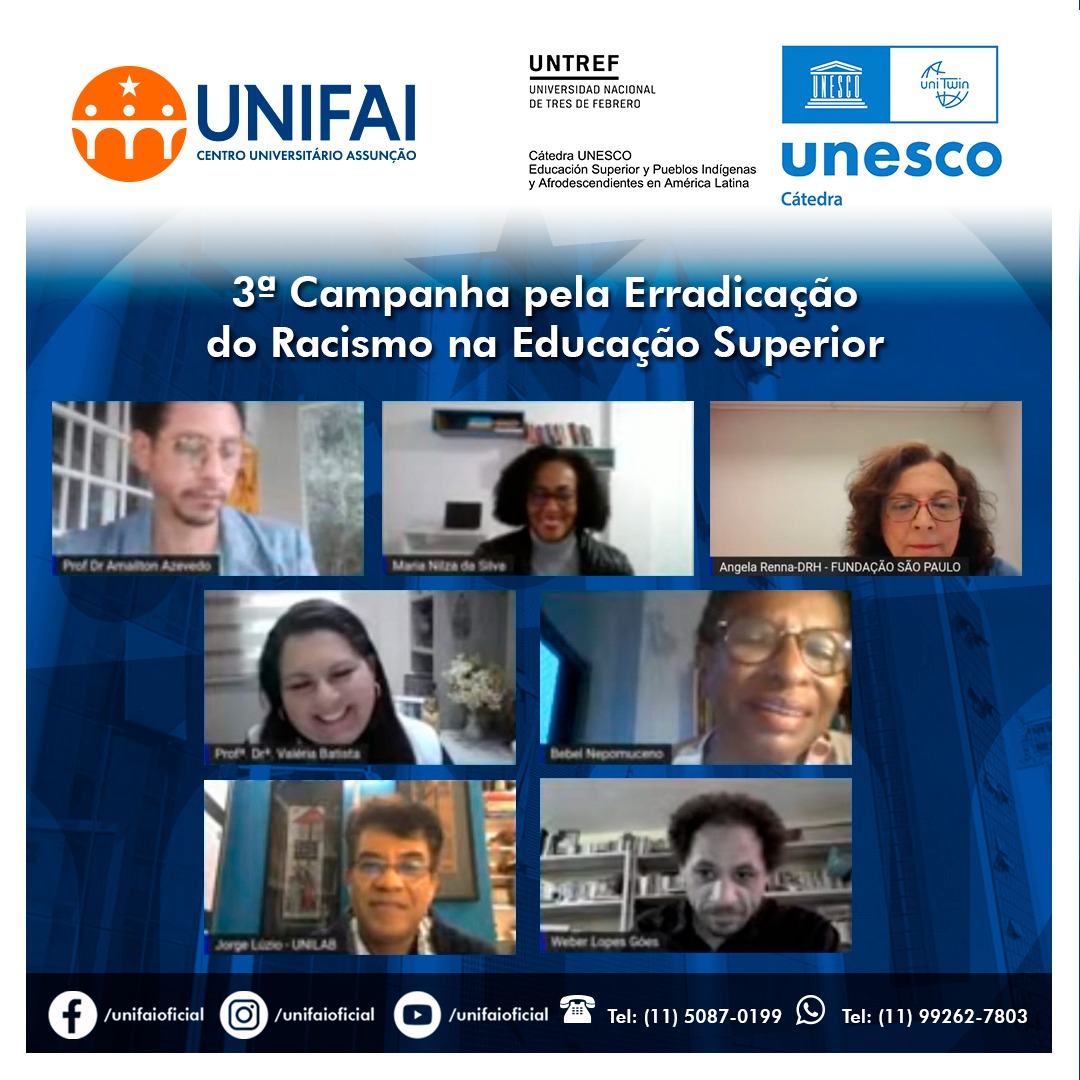 Imagem com montagem das fotos dos participantes em vídeo chamada da 3º Campanha pela Erradicação do Racismo