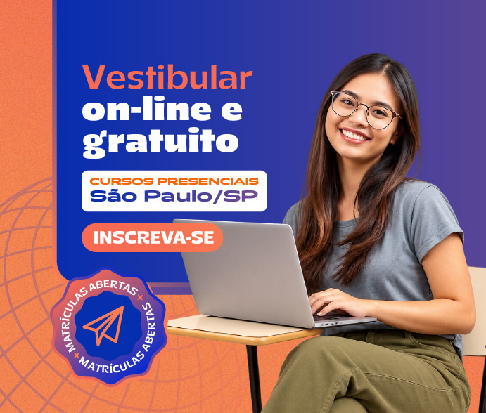 Imagem ilustrativa da campanha de vestibular da graduação 2026, onde se lê "Vestibular On-line Gratuito", "Cursos Presenciais São Paulo/SP" e "Inscreva-se"