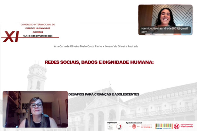 Prof.ª Ma. Ana Carla de Oliveira Mello Costa Pinho e Noemí de Oliveira Andrade durante apresentação virtual no XI Congresso Internacional de Direitos Humanos de Coimbra 