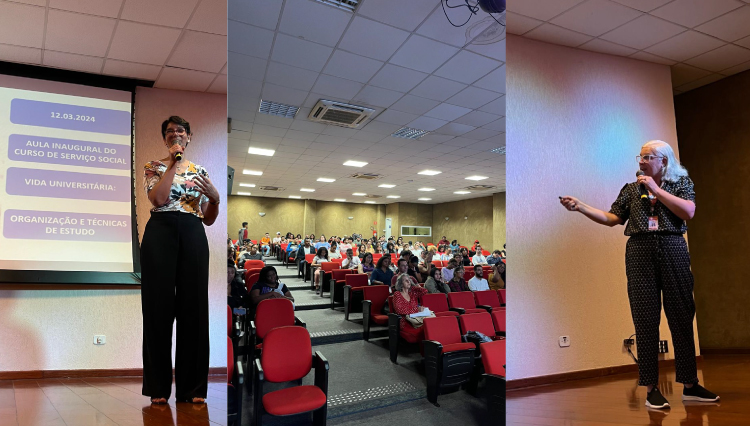 Três fotos em uma contendo na ponta esquerda a Profa Rosane Câmara discursando. No meio, a plateia de alunos, e, no final, a professora Maria Luiza discursando.