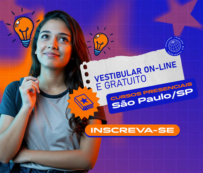 Imagem ilustrativa da campanha de vestibular da graduação 2026, onde se lê "Vestibular On-line Gratuito", "Cursos Presenciais São Paulo/SP" e "Inscreva-se"