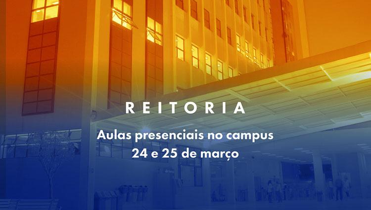 Imagem ilustrativa do prédio do UNIFAI com um gradiente laranja e azul com o texto "Reitoria - Aulas presenciais no campus 24 e 25 de março" escrito em branco