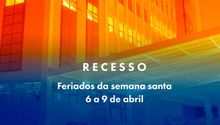 Imagem ilustrativa do prédio do UNIFAI com um gradiente laranja e azul com o texto "Recesso - Feriados da semana Sanata 6 a 9 de abril" escrito em branco