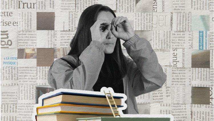 Imagem com um fundo de jornal. À frente, uma jovem com os olhos arregalados simula um binóculo em seus olhos com as mãos, enquanto abaixo dela podemos encontrar uma pilha de livros.