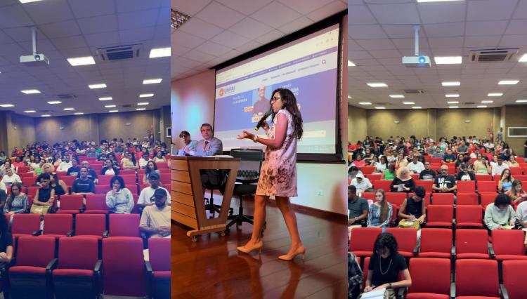 Foto destaque com apresenta quatro cenas diferentes, intercalando plateia com calouros, professora discursando e bibliotecária se apresentando ao público presente.