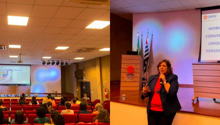 Plateia lotada com alunos e palestrante convidada se apresentando ao público.